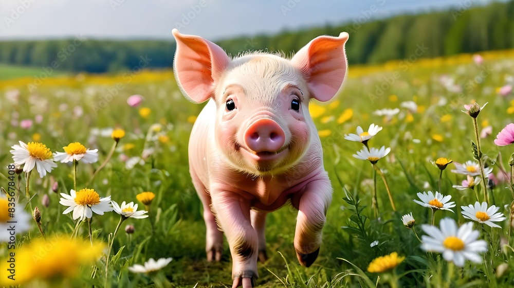 A pig runs through a field of flowers. A pig runs through a field of flowers.