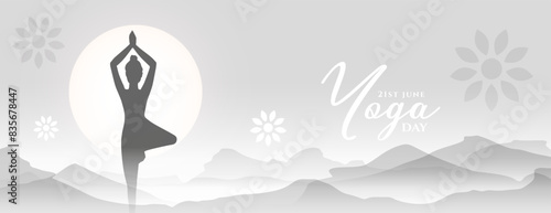 world yoga day morning banner woman doing asana in mountain