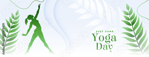 21st june yoga day celebration banner with green leaves