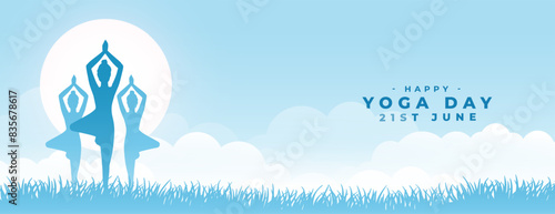 21st june yoga day morning banner woman doing posture in grass