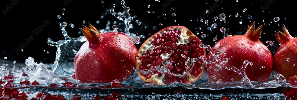 Fototapeta premium Pomegranate fruit and water splash. captured with highspeed photography as they break through the waters surface.