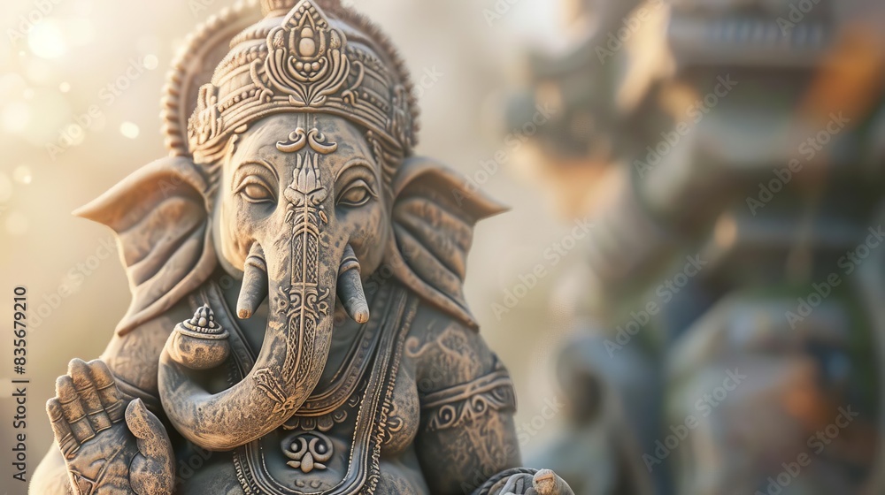 Ganesha deity stone statue with elaborate carvings, tilted angle, smooth finish, warm sunlight highlighting details, calming and spiritual feel Ganesha deity stone statue with elaborate carvings, tilted angle, smooth finish, warm sunlight highlighting details, calming and spiritual feel