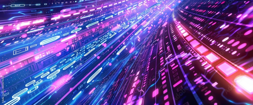 Neon Data Currents In A Futuristic Landscape, Cartoon Style, Background Neon Data Currents In A Futuristic Landscape, Cartoon Style, Background