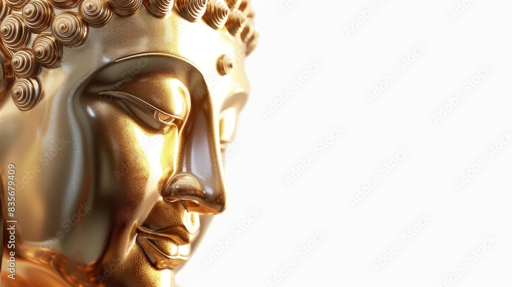 Obraz premium Golden Buddha statue, tilted angle, serene expression, isolated against a pure white background, beautifully textured 3D CG image