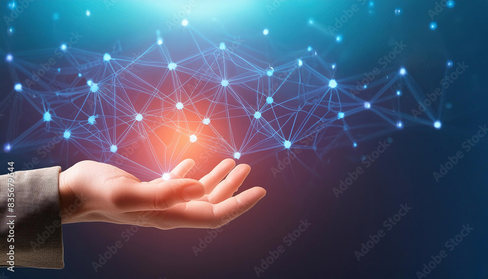 A hand presenting a glowing network of interconnected nodes and lines A hand presenting a glowing network of interconnected nodes and lines