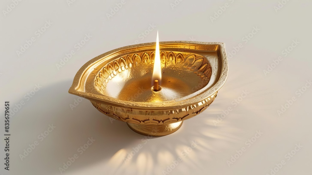 Golden Indian oil lamp diya, captured in a wide-angle view, exquisitely detailed, set against a white background, photorealistic, soft ambient shadows adding depth and realism Golden Indian oil lamp diya, captured in a wide-angle view, exquisitely detailed, set against a white background, photorealistic, soft ambient shadows adding depth and realism