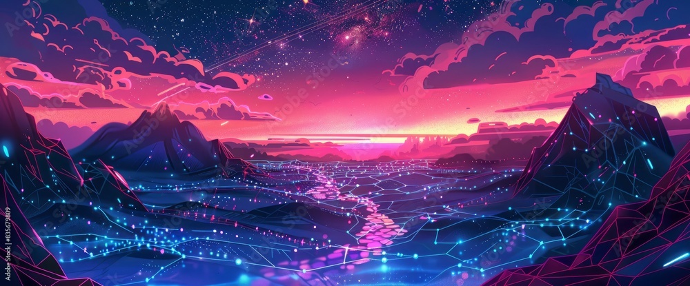 Pulsating Data Nodes In A Vibrant Landscape, Cartoon Style, Background Pulsating Data Nodes In A Vibrant Landscape, Cartoon Style, Background