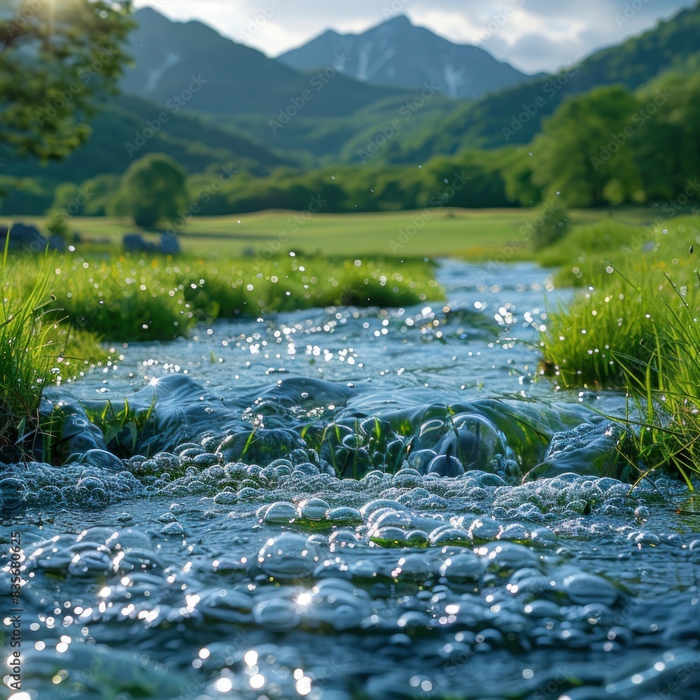 Fototapeta premium Close-up of sparkling water in spring, with grass and sunlight as. The sun shines on the dancing river full of clear tranquility that flows through the green meadows.