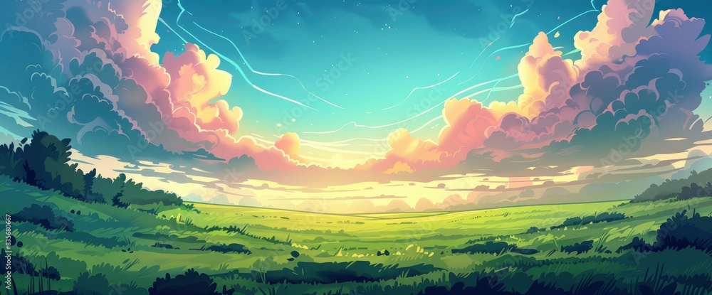 Serene Landscape With Energy Patterns, Cartoon Style, Background Serene Landscape With Energy Patterns, Cartoon Style, Background