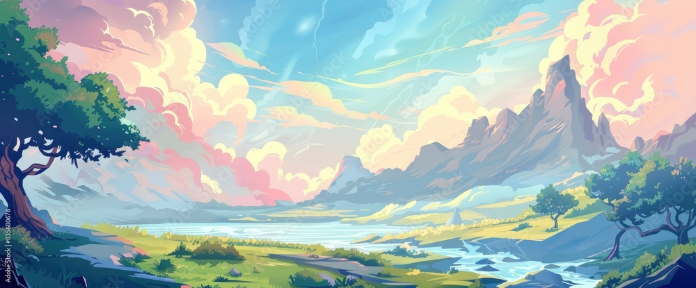 Serene Landscape With Energy Patterns, Cartoon Style, Background Serene Landscape With Energy Patterns, Cartoon Style, Background