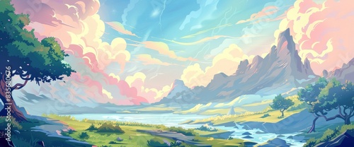 Serene Landscape With Energy Patterns, Cartoon Style, Background