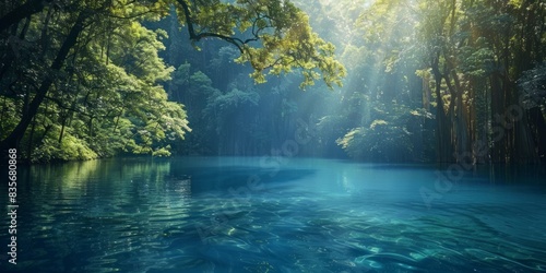 Serene body of water reflecting trees and blue sky. Peaceful landscape concept.