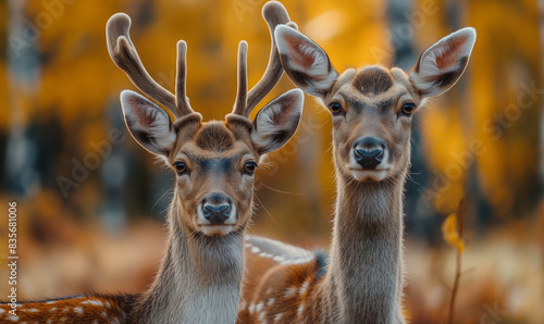 Two Deer Standing Together in Forest.