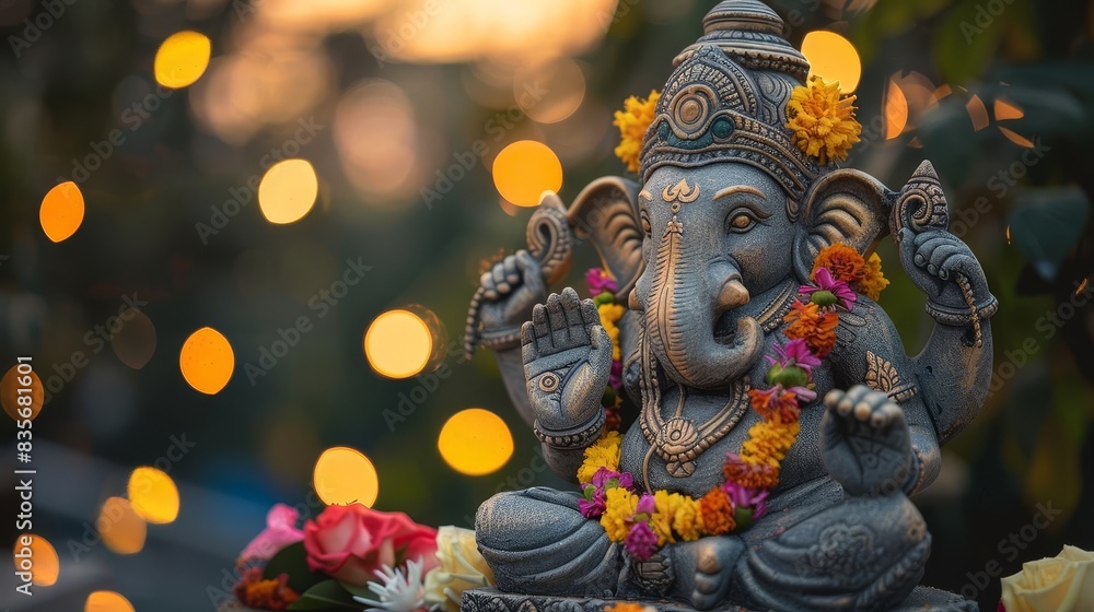 Fototapeta premium High-angle view, serene stone statue of Lord Ganesha adorned with vibrant flower garlands, soft twilight background with bokeh lights, ample copyspace, watercolor effect