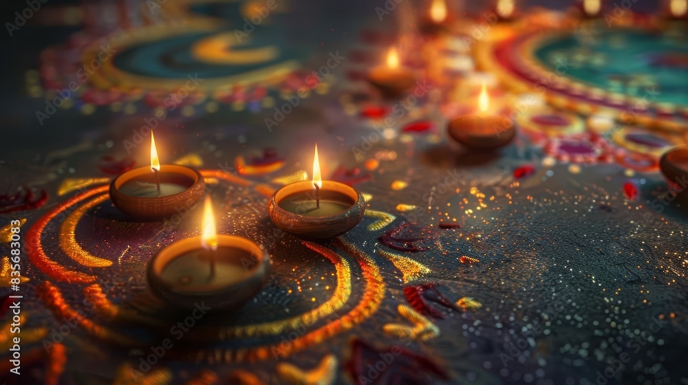 Long shot of glowing oil lamps, beautifully lit on vibrant and intricate rangoli patterns, celebrating Diwali, ample copyspace, traditional oil painting style, warm and festive tones Long shot of glowing oil lamps, beautifully lit on vibrant and intricate rangoli patterns, celebrating Diwali, ample copyspace, traditional oil painting style, warm and festive tones