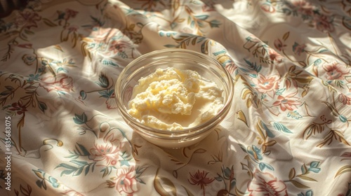Fresh farm curd in a glass bowl on a table covered with a handmade vintage tablecloth