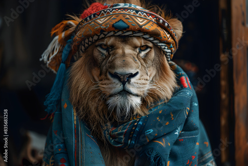 A lion wearing boho clothes  exuding a trendy and playful atmosphere  suitable for fashion  wildlife  and cultural themes.