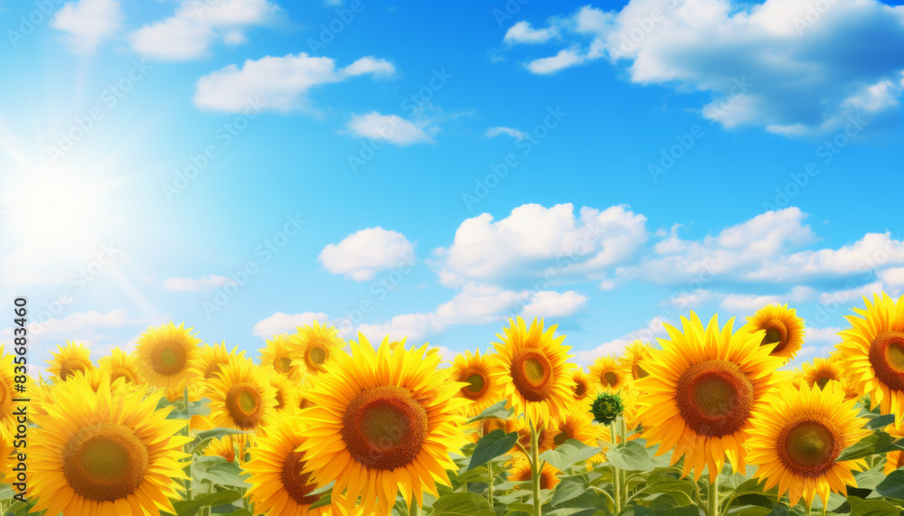 Fototapeta premium A field of sunflowers with a bright blue sky in the background