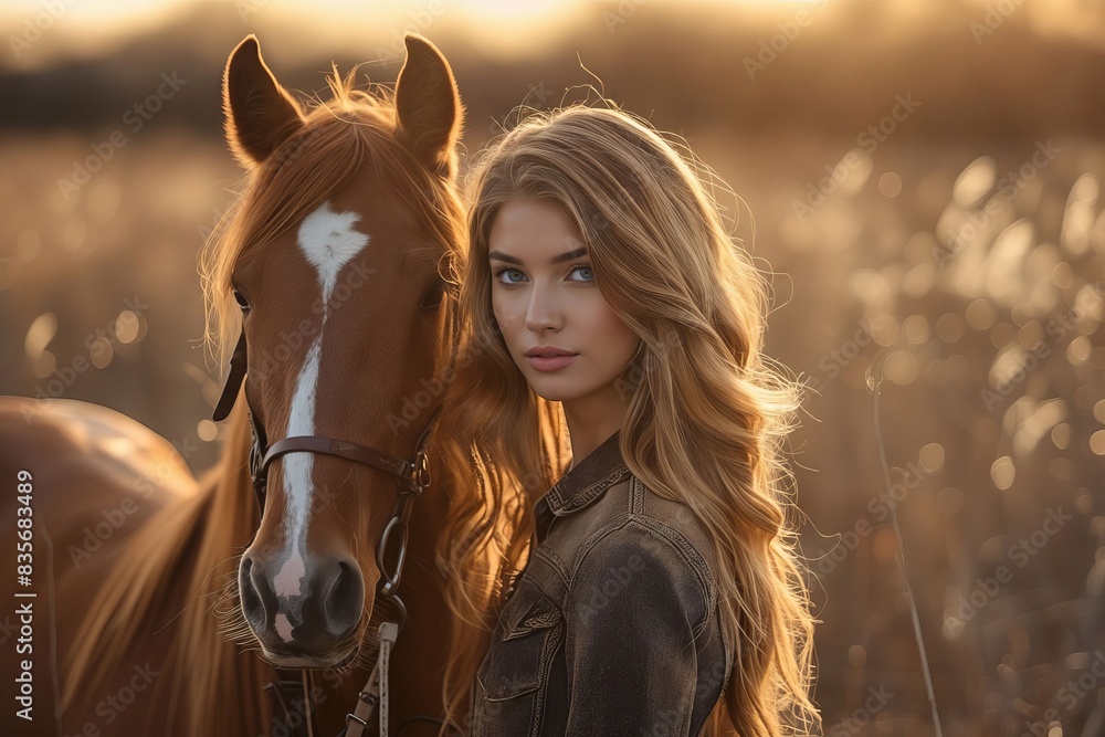 Fototapeta premium A beautiful woman standing next to a horse.