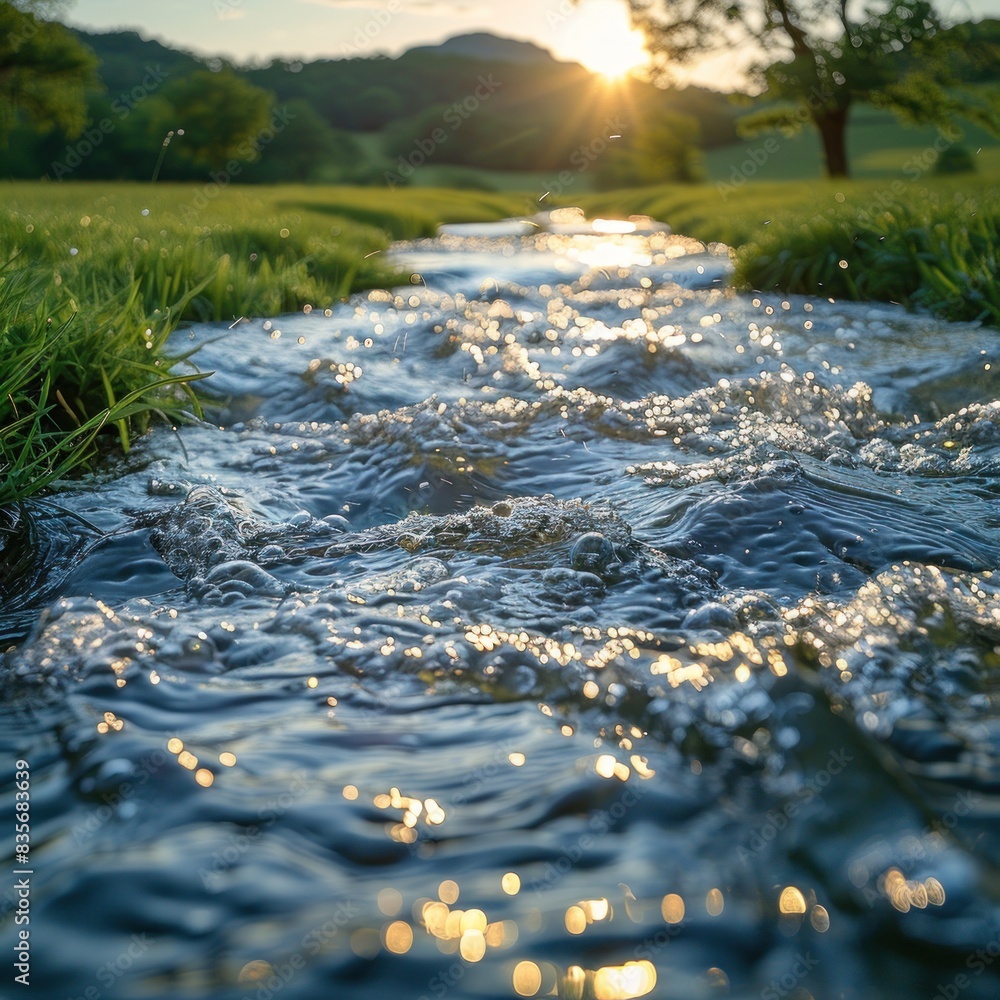 Fototapeta premium Close-up of sparkling water in spring, with grass and sunlight as. The sun shines on the dancing river full of clear tranquility that flows through the green meadows.