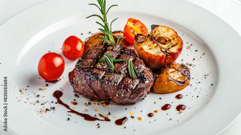 Savory meat dish grilled beef tenderloin served with baked apples and tomatoes on a white plate against a white backdrop