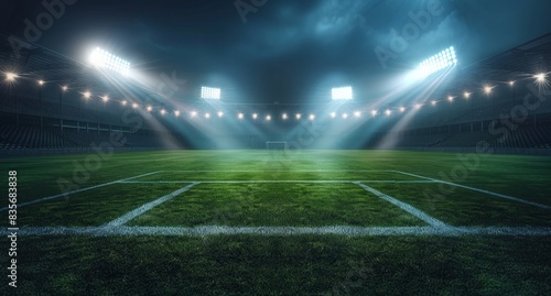 The brightly lit football stadium  the empty green grass under the dark night sky. Banner or poster design with large sports background. The concept of sports competition and the style of game action 