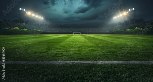 The brightly lit football stadium, the empty green grass under the dark night sky. Banner or poster design with large sports background. The concept of sports competition and the style of game action 