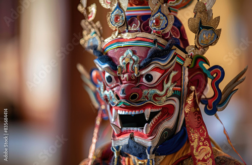 A Tibetan monk in colorful traditional attire  wearing an elaborate mask and dancing with the sky at the Jyderad festival in Luesday  Sake Island