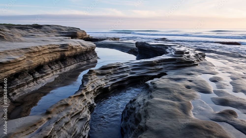 Fototapeta premium rocks mud sea waves cloudy sky vacation enjoy natural wonders.