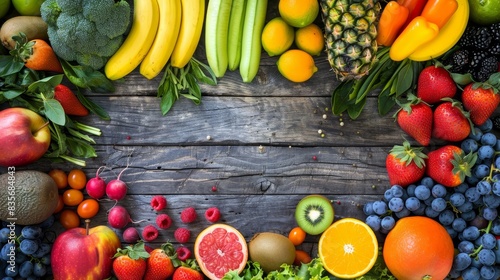 A colorful array of fresh fruits and vegetables on a rustic wooden table