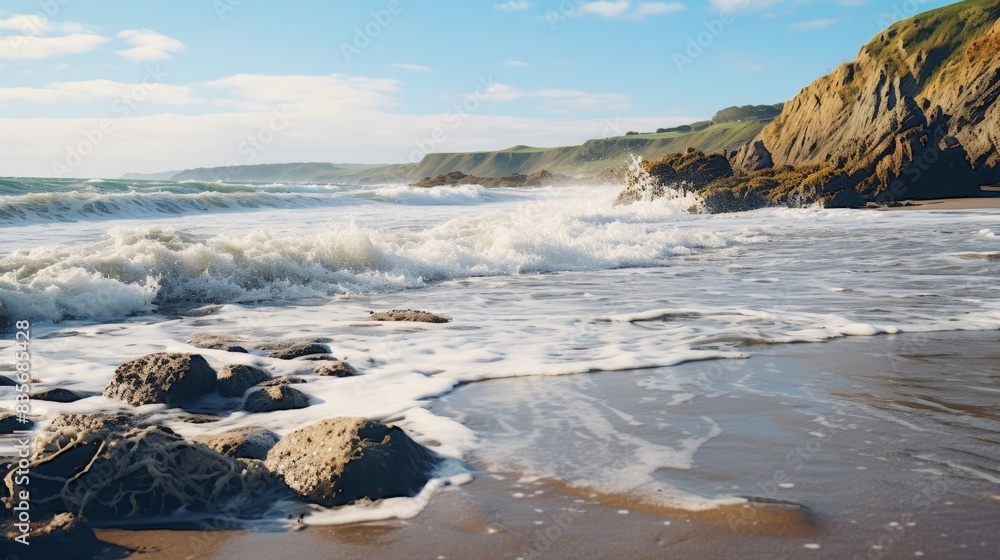 Obraz premium rocks mud sea waves cloudy sky vacation enjoy natural wonders.