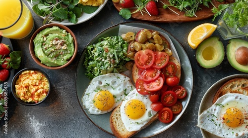 A high-angle shot of a delicious brunch spread with avocado toast, eggs, and fresh juice photo