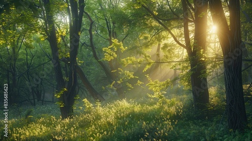 Sunlight filtering through the spring woods