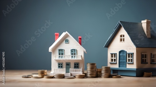 savings for a house purchase or rental. On the table, a miniature house and a coin jar. rising mortgage rates, a hefty house tax, and rising property values