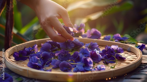 Hand in frame asian woman put Bunga Telang or Butterfly Pea flowers on bamboo plate. photo