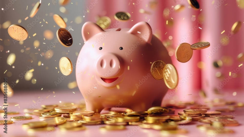 Piggy Bank Celebration with Falling Coins. A pink piggy bank with falling coins, symbolizing savings growth or financial success in a vibrant, celebratory setting. Piggy Bank Celebration with Falling Coins. A pink piggy bank with falling coins, symbolizing savings growth or financial success in a vibrant, celebratory setting.