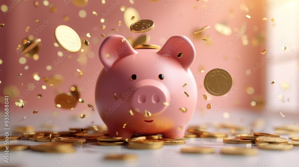 Piggy Bank Celebration with Falling Coins. A pink piggy bank with falling coins, symbolizing savings growth or financial success in a vibrant, celebratory setting. Piggy Bank Celebration with Falling Coins. A pink piggy bank with falling coins, symbolizing savings growth or financial success in a vibrant, celebratory setting.