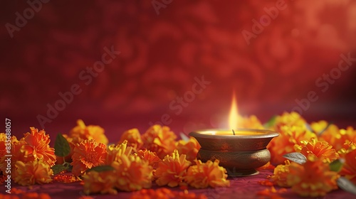 Side view of a traditional Indian Diya oil lamp, surrounded by vibrant marigold flowers, set against a rich red background, ample copyspace, digital photorealistic rendering