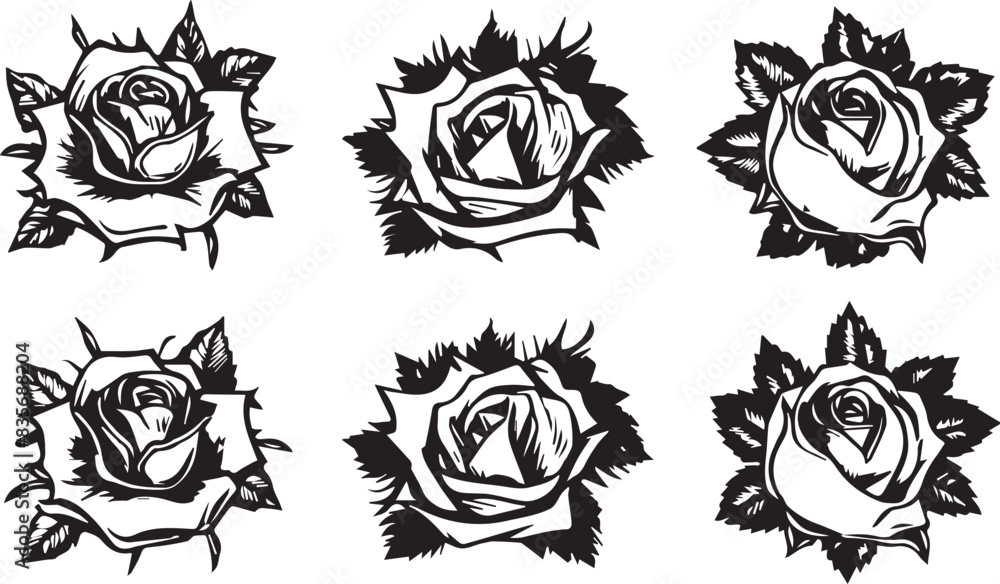 Fototapeta premium Set of decorative rose with leaves. Flower silhoutte. Vector illustration 