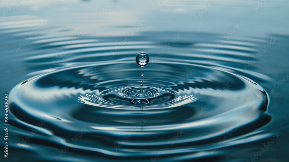 Water droplet causing ripples on a calm blue surface Water droplet causing ripples on a calm blue surface