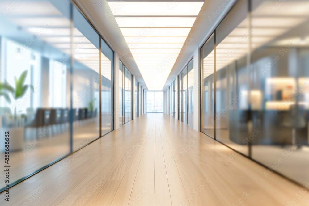 Long corridor with a series of glass windows offering panoramic views. Open space concept. Long corridor with a series of glass windows offering panoramic views. Open space concept.