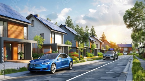 Street of new modern houses with solar panels and electric car © Manzoor