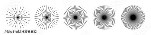 Starburst ray lines round set. Editable stroke vector design pack of geometric elements isolated on transparent background. 
