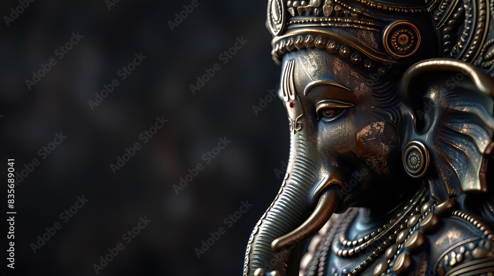 Fototapeta premium Side view statue of Lord Ganpati in intricate bronze