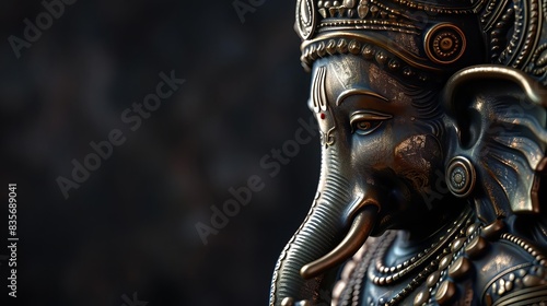 Side view statue of Lord Ganpati in intricate bronze