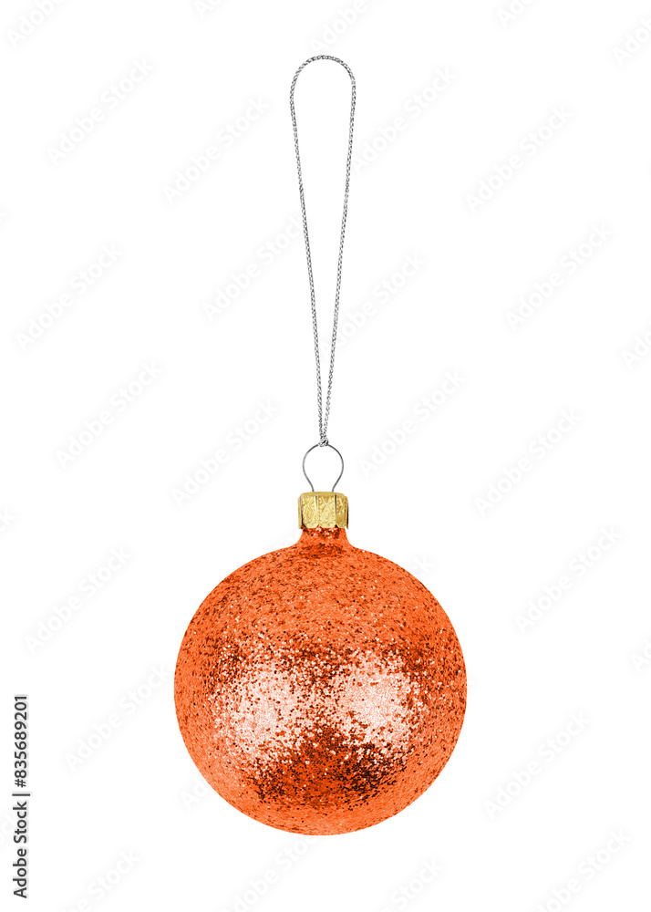 Orange Christmas hanging glass ball on ribbon, bauble ornament white background isolated close up, Christmas tree decoration, Happy New year toy template, traditional winter xmas decor design element Orange Christmas hanging glass ball on ribbon, bauble ornament white background isolated close up, Christmas tree decoration, Happy New year toy template, traditional winter xmas decor design element