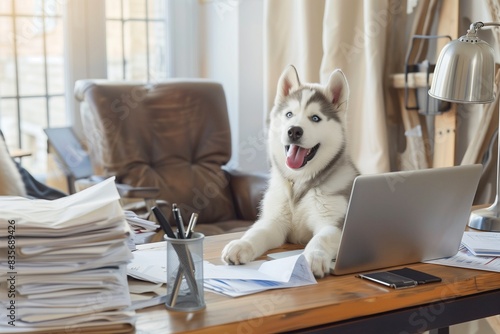 A happy husky puppy at a wooden desk with a laptop, scattered papers, and a modern desk lamp, looking eager to work.