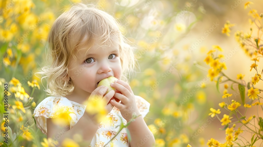 little blonde girl eating an apple in garden little blonde girl eating an apple in garden