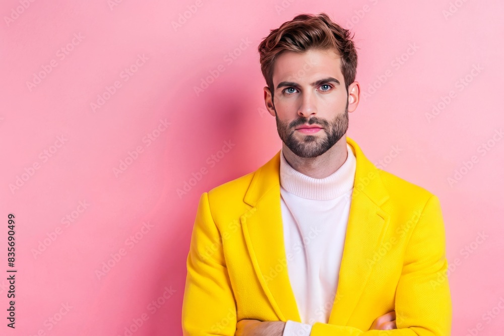 Fototapeta premium A man in a yellow jacket and white shirt stands in front of a pink background