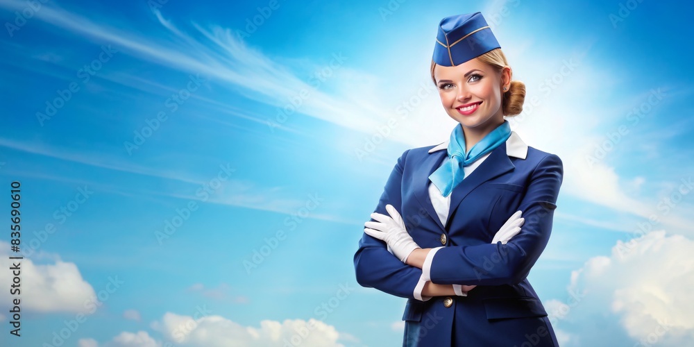 A woman in a blue uniform is smiling and holding a sign in her hand A woman in a blue uniform is smiling and holding a sign in her hand